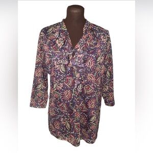 RALPH LAUREN CHAPS DENIM Burgundy Purple Paisley Floral Ruffle Neckline Shirt 1X